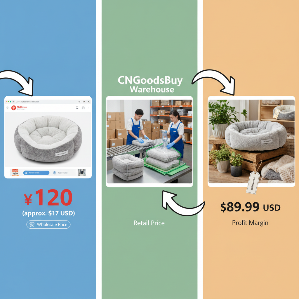 Infographic showing the process of sourcing pet supplies from 1688 through CNGoodsBuy for high profit margins.