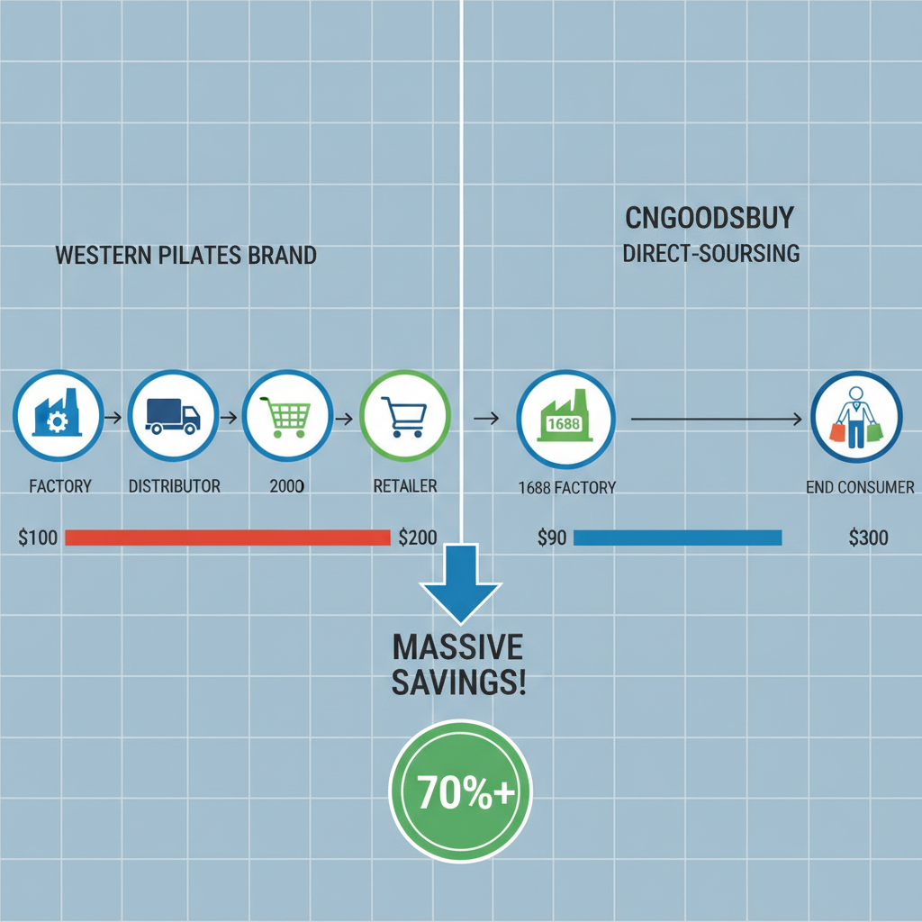 Infographic showing the price comparison between traditional retail and direct sourcing from 1688 for fitness equipment.