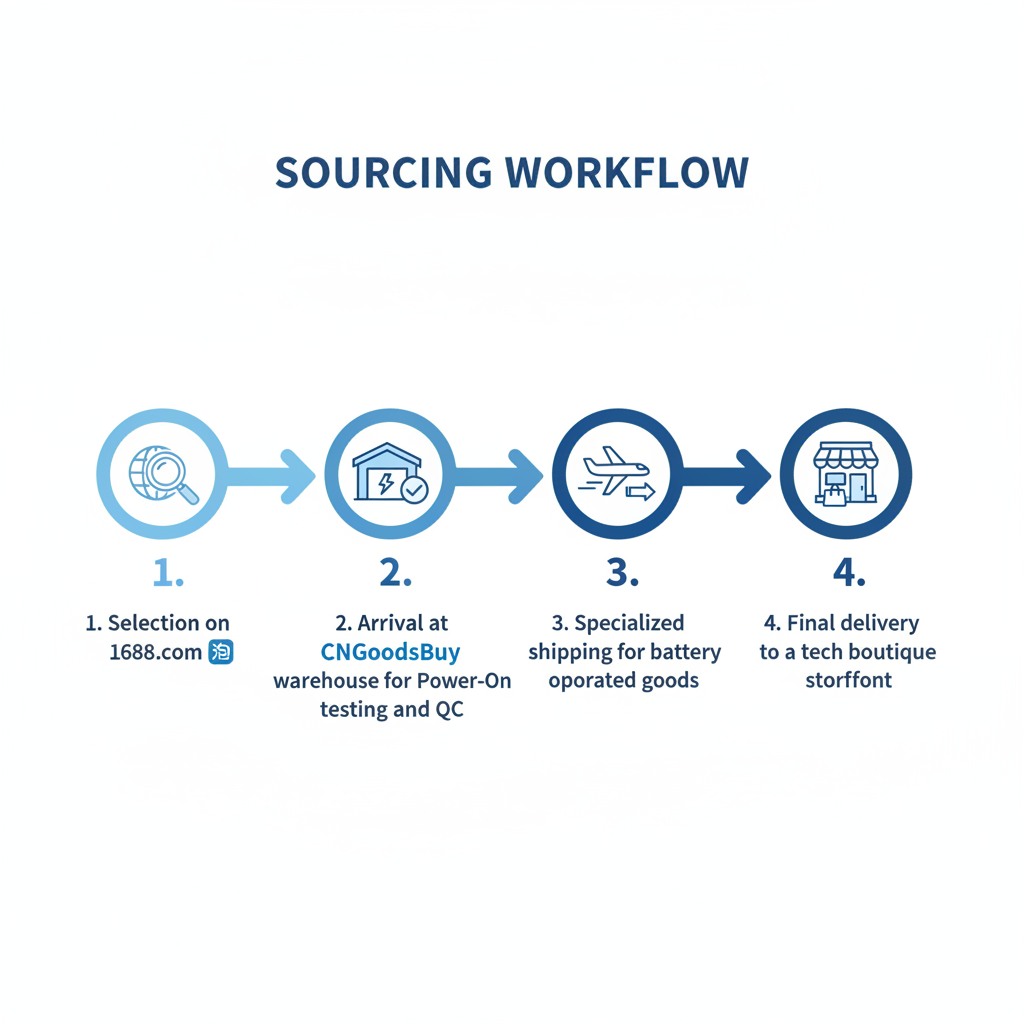 Infographic showing the step-by-step process of sourcing electronics from 1688 through CNGoodsBuy.