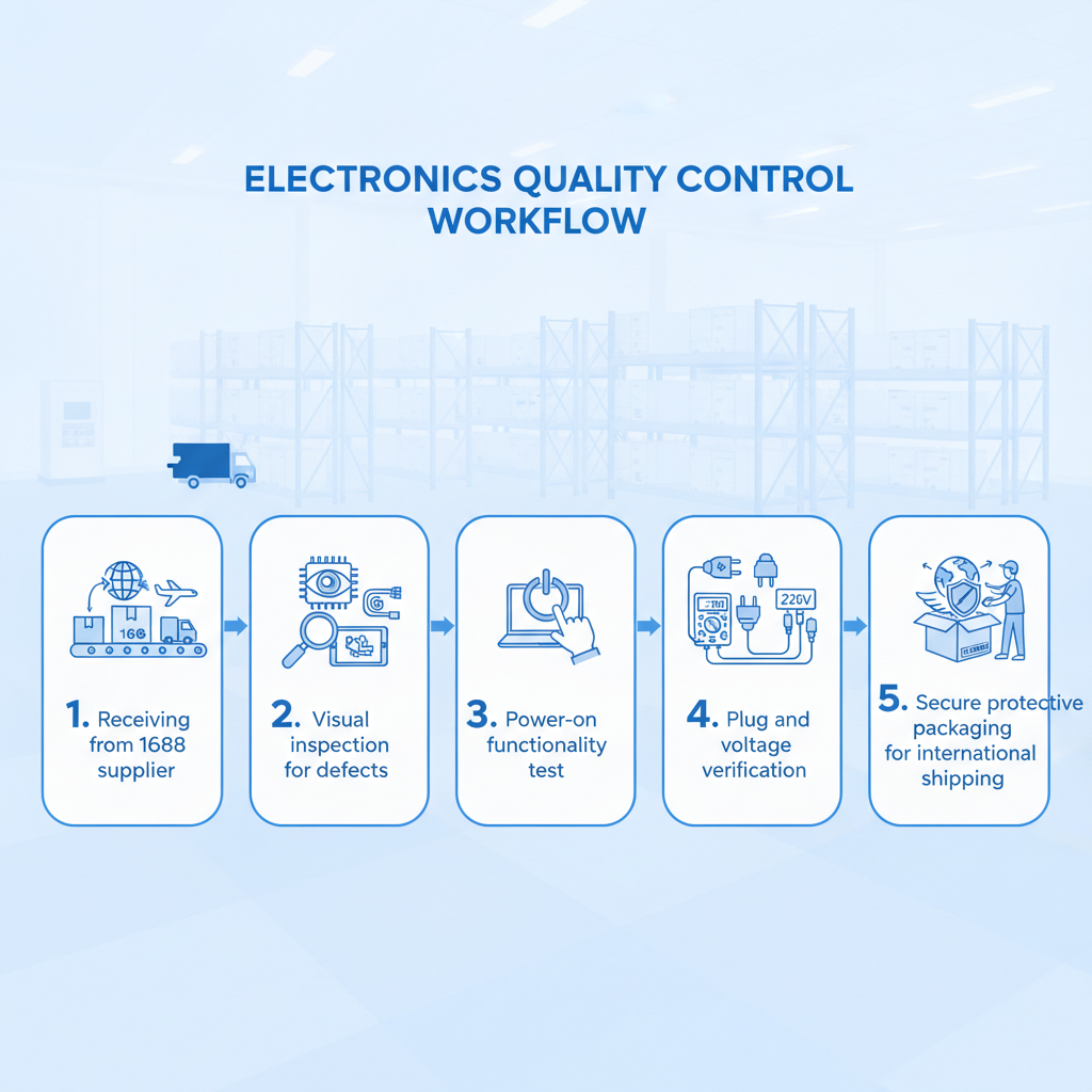 Infographic showing the 5-step quality control and inspection process for electronics sourced from 1688.