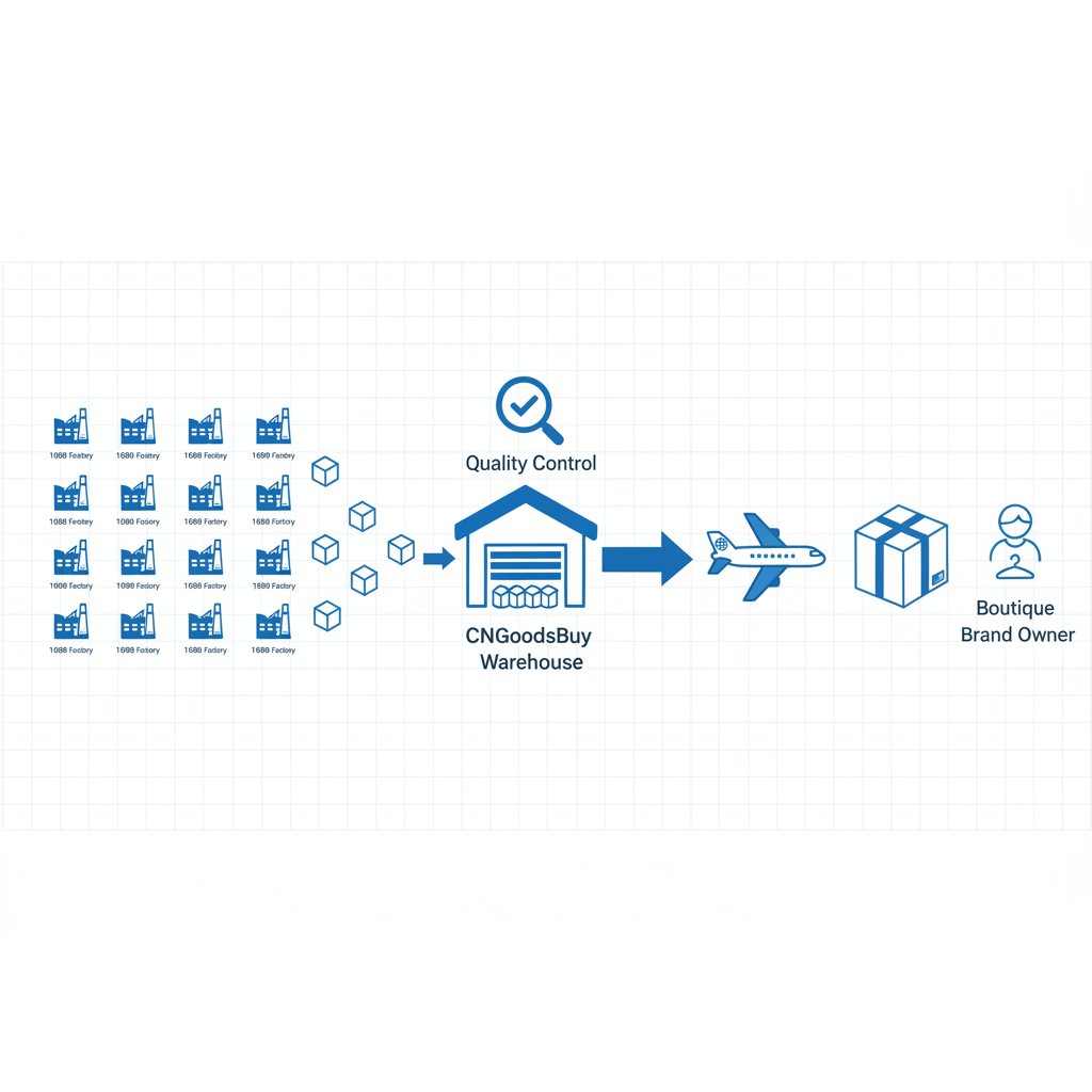 Infographic showing the consolidation and quality control process from 1688 to CNGoodsBuy warehouse.