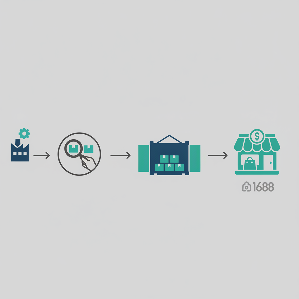 Infographic showing the sourcing, inspection, and consolidation process for 1688 electronics.