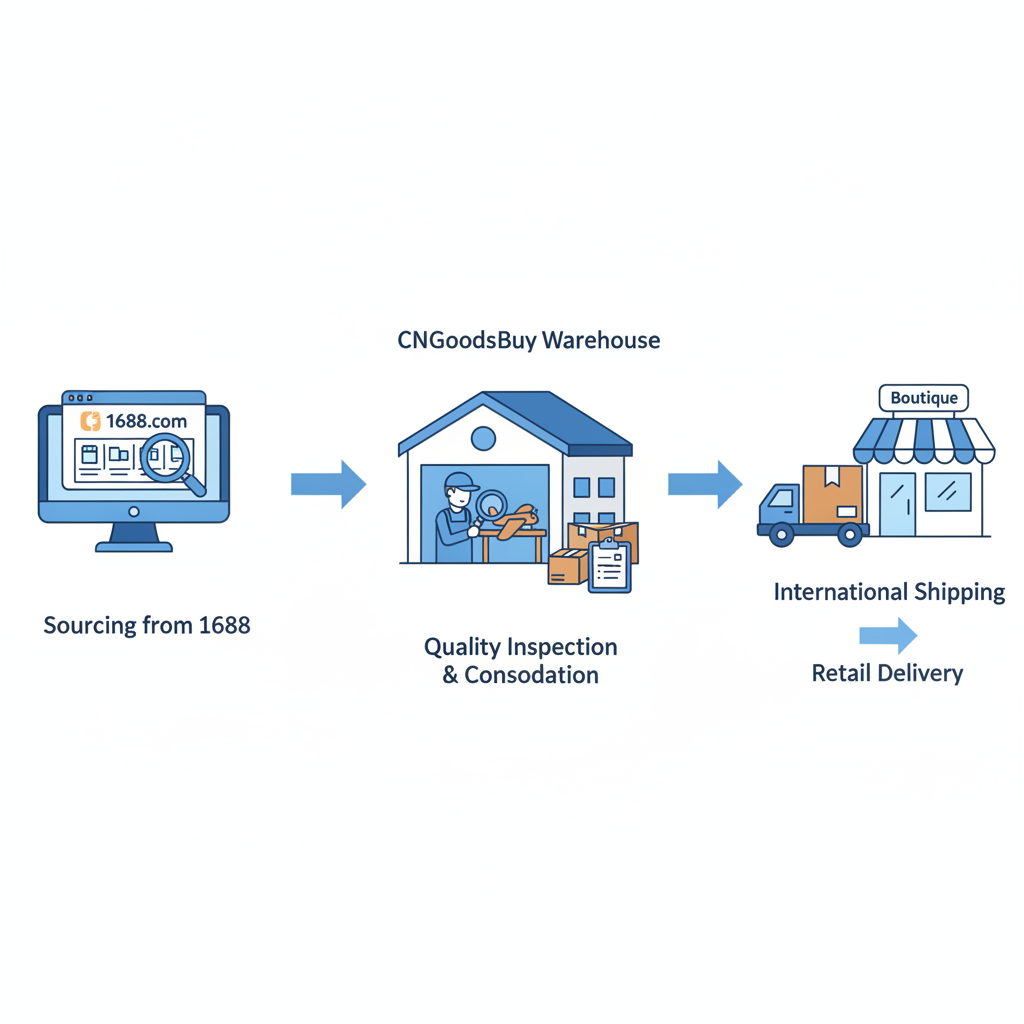 Infographic showing the process of sourcing wooden toys from 1688 through CNGoodsBuy inspection and shipping.