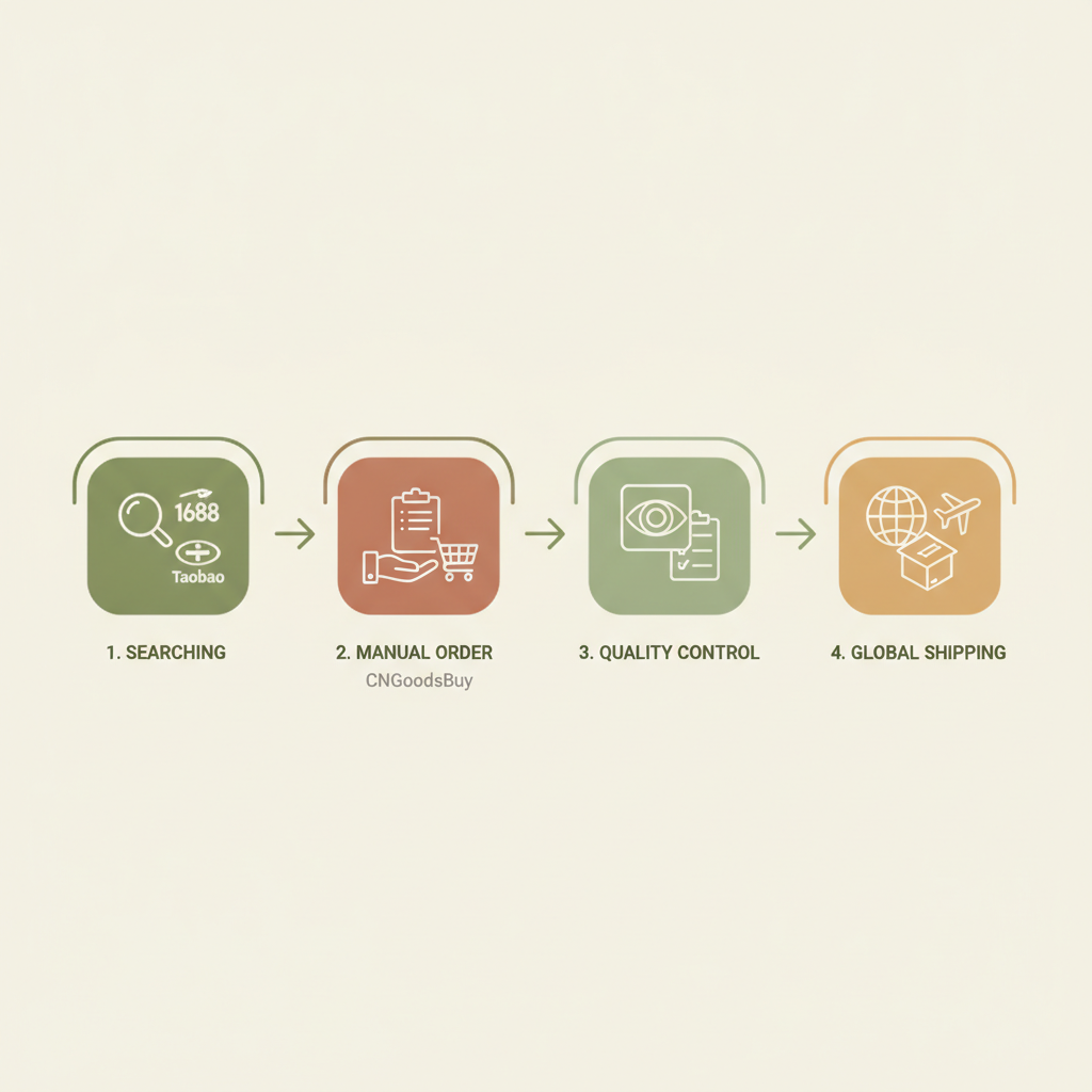 Infographic showing the step-by-step process of sourcing custom packaging from China via CNGoodsBuy.
