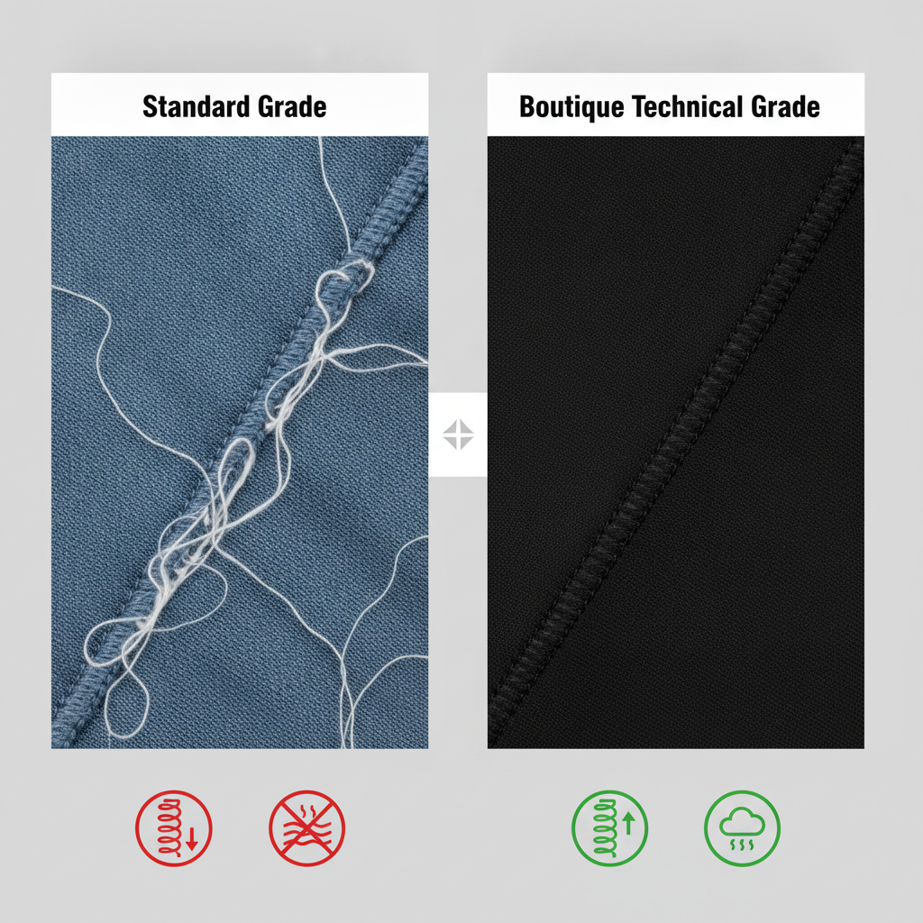 Comparison between low-quality polyester and high-end technical nylon-spandex activewear fabrics.