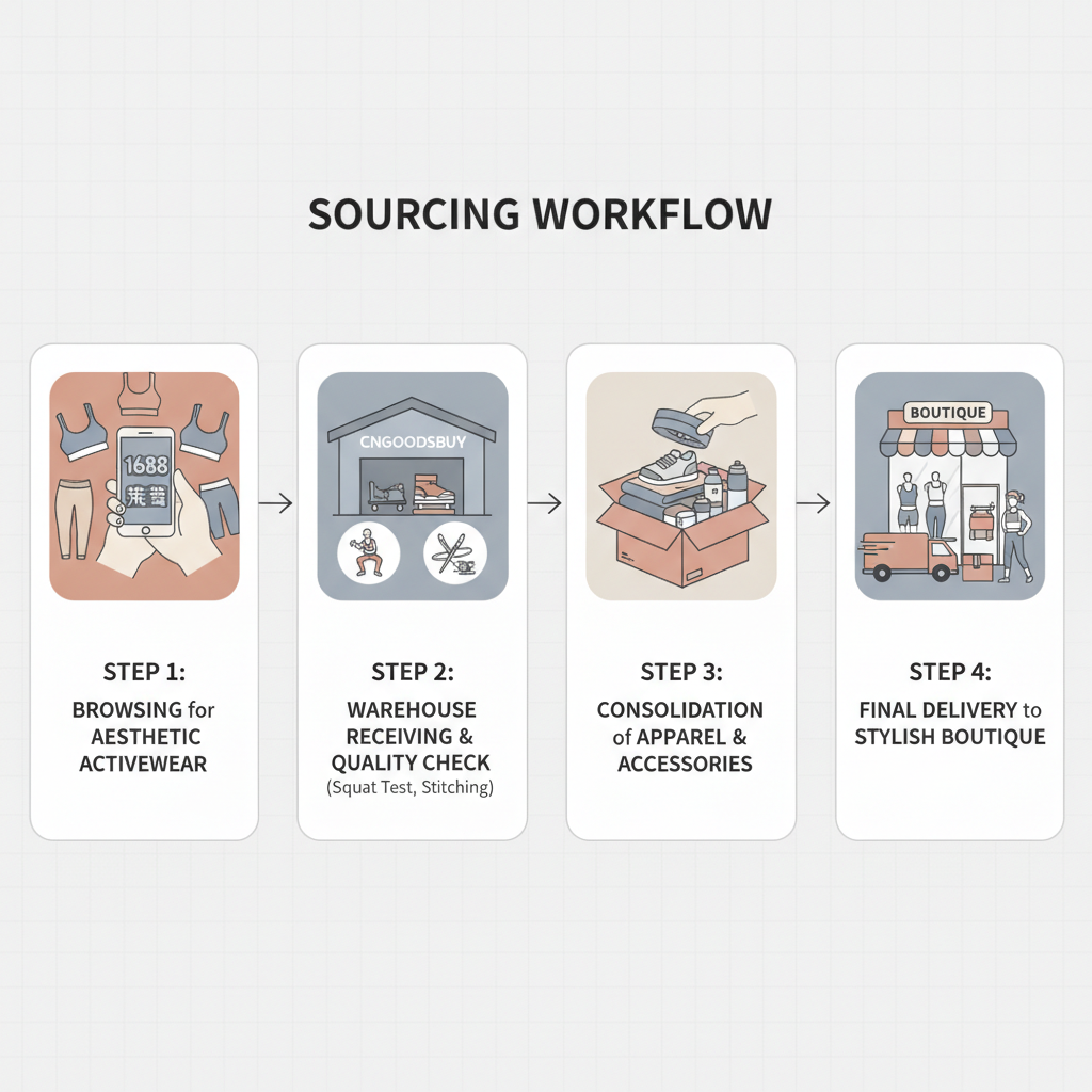 Infographic showing the step-by-step process of sourcing and inspecting activewear from China using CNGoodsBuy.