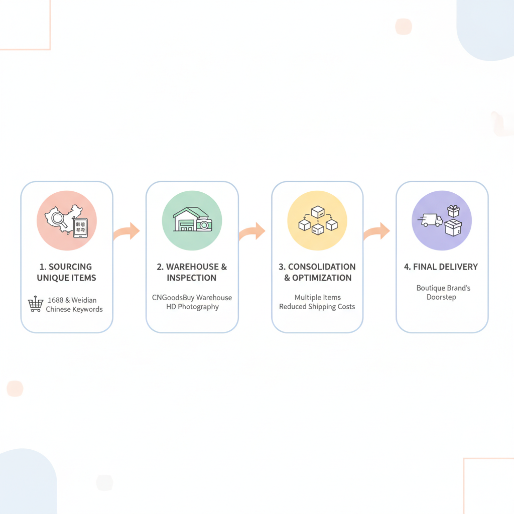 Infographic showing the sourcing and consolidation process with CNGoodsBuy.