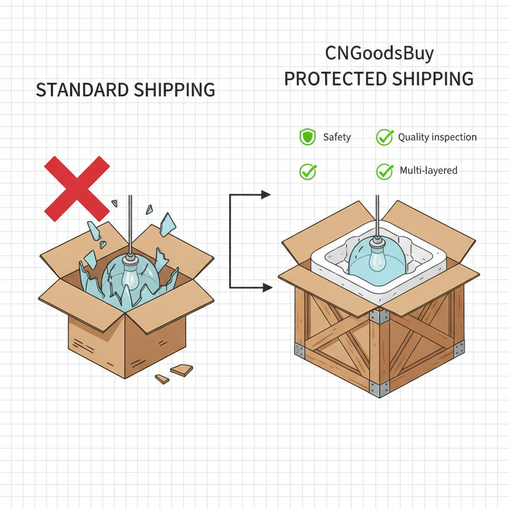 Infographic showing the difference between standard shipping and CNGoodsBuy's specialized fragile packaging for lighting.