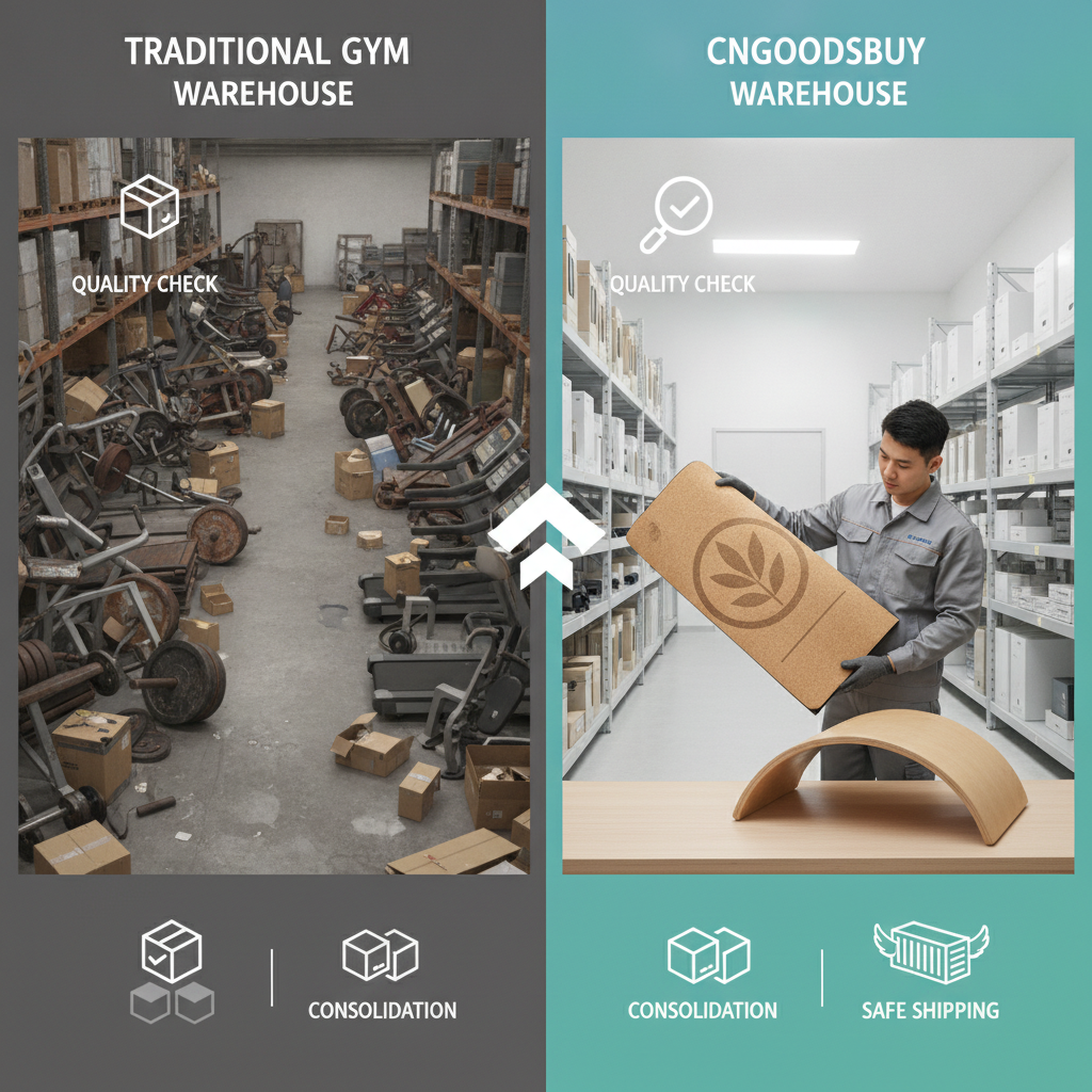 Infographic showing the quality control and consolidation process for sourcing fitness gear from China.