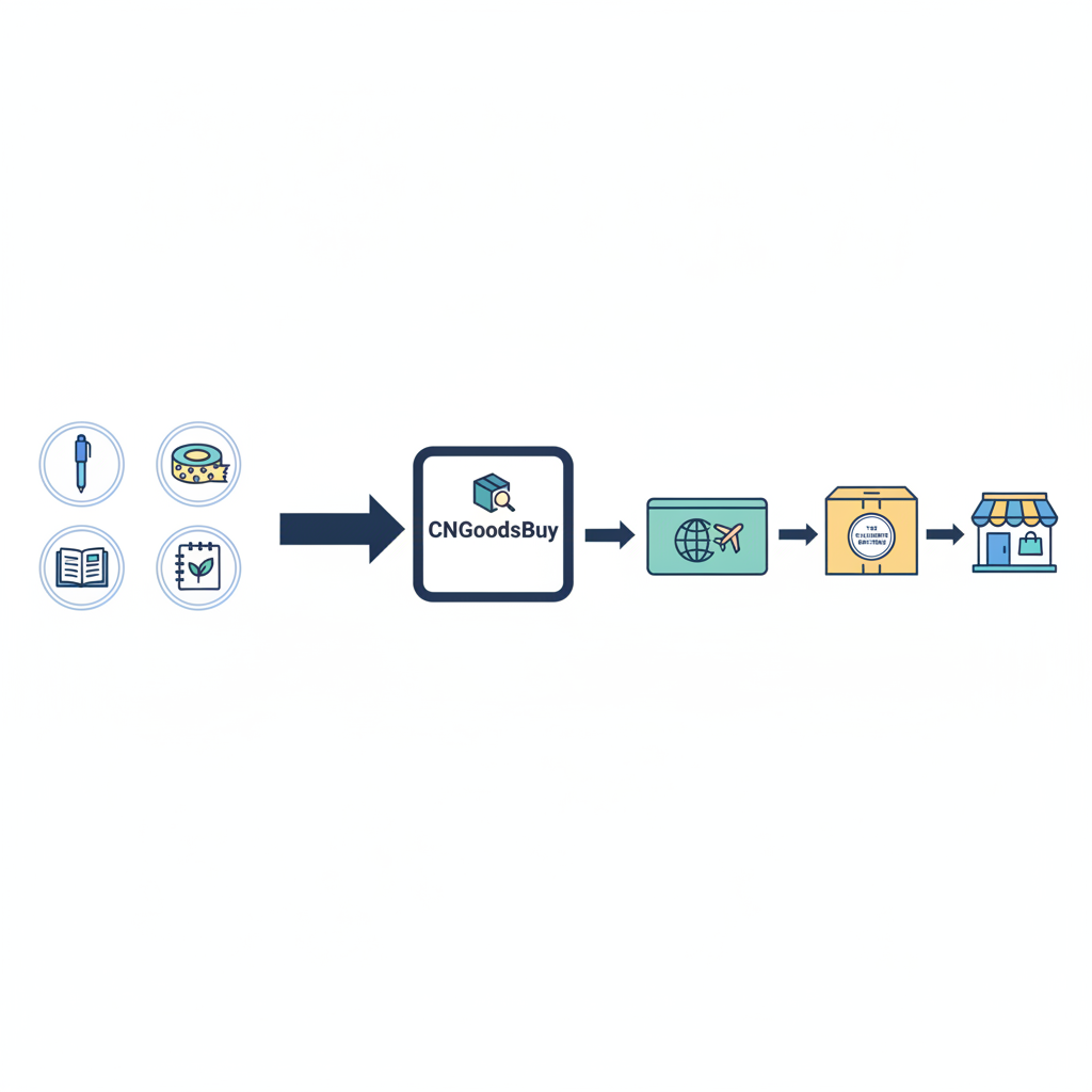 Infographic showing the consolidation process of stationery items from multiple Chinese vendors into one shipment via CNGoodsBuy.