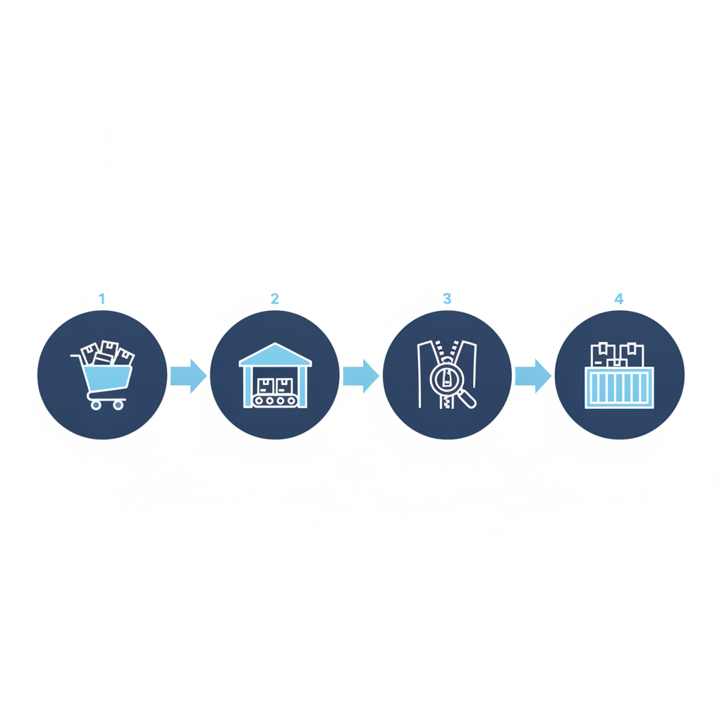 Infographic showing the process of sourcing, inspecting, and consolidating travel gear from China with CNGoodsBuy.