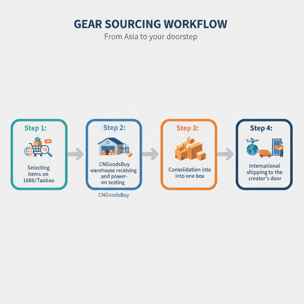 Infographic showing the CNGoodsBuy sourcing and inspection process for electronics.