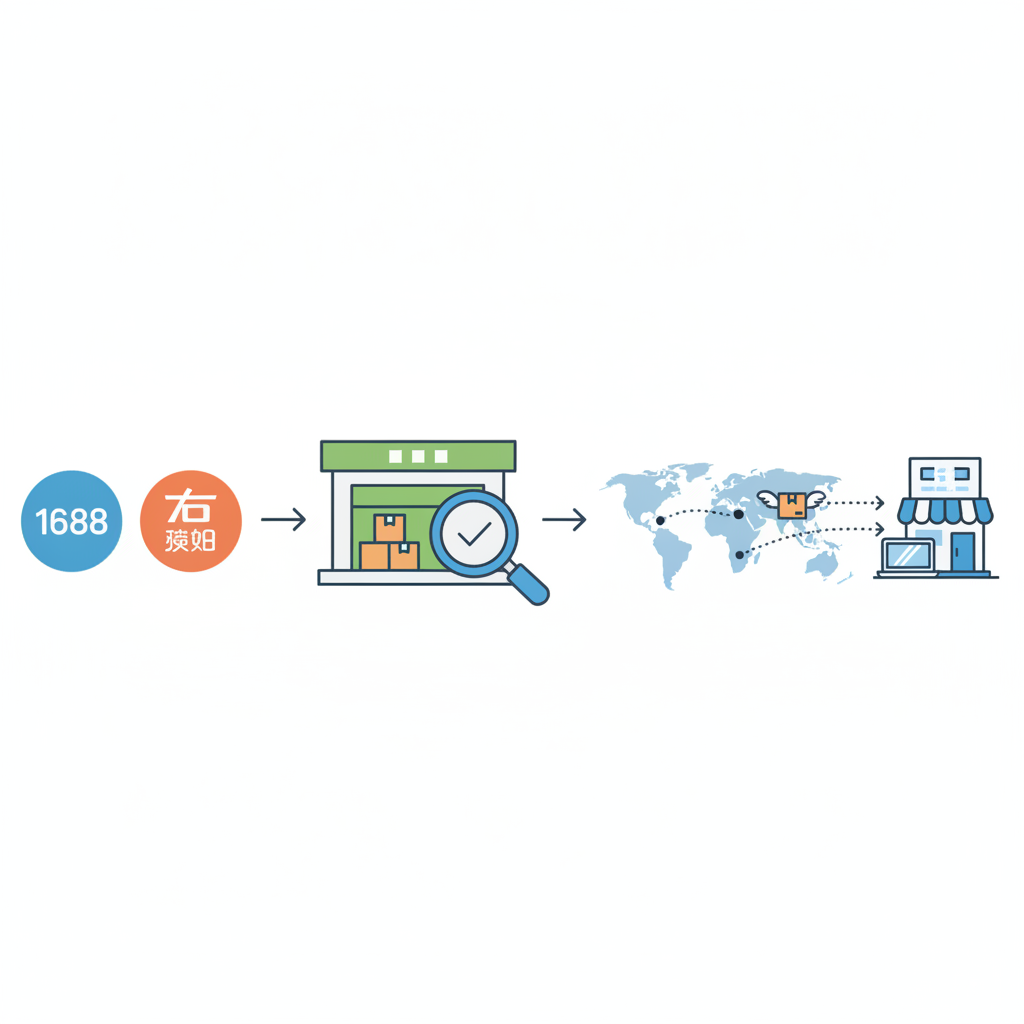 Infographic showing the sourcing process from 1688 through CNGoodsBuy inspection to final international delivery.