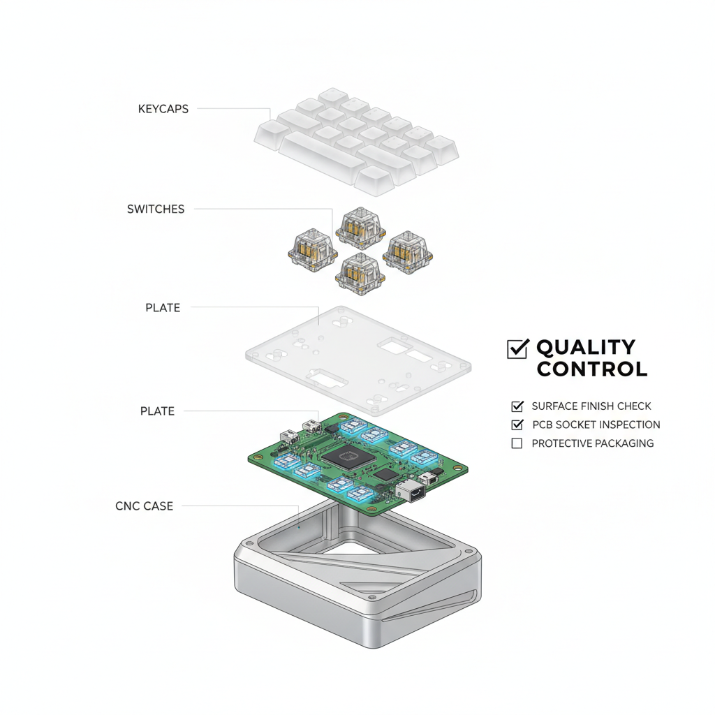 Infographic showing the components of a custom mechanical keyboard and the quality control steps provided by CNGoodsBuy.