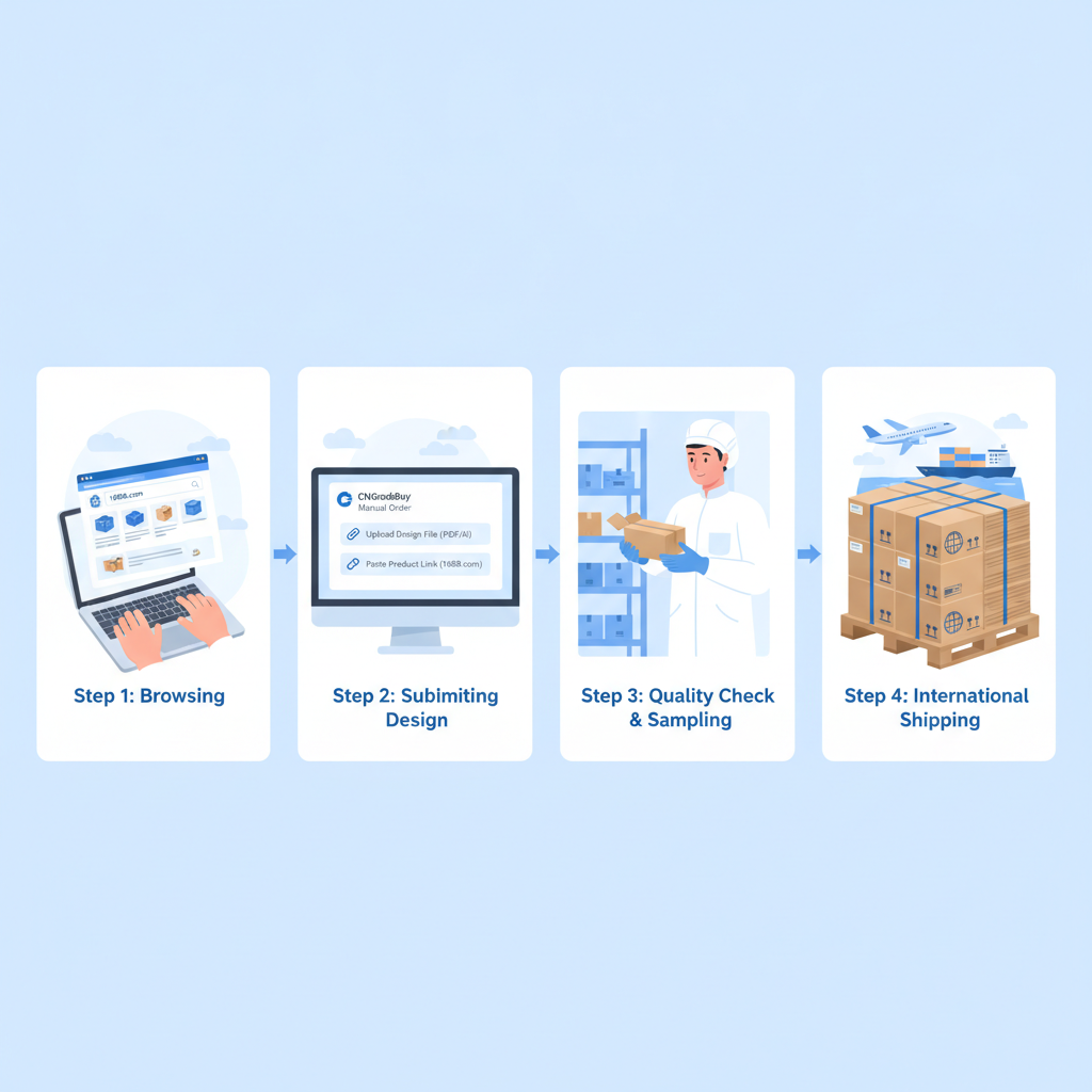 Infographic showing the step-by-step process of sourcing custom packaging via 1688 and CNGoodsBuy.