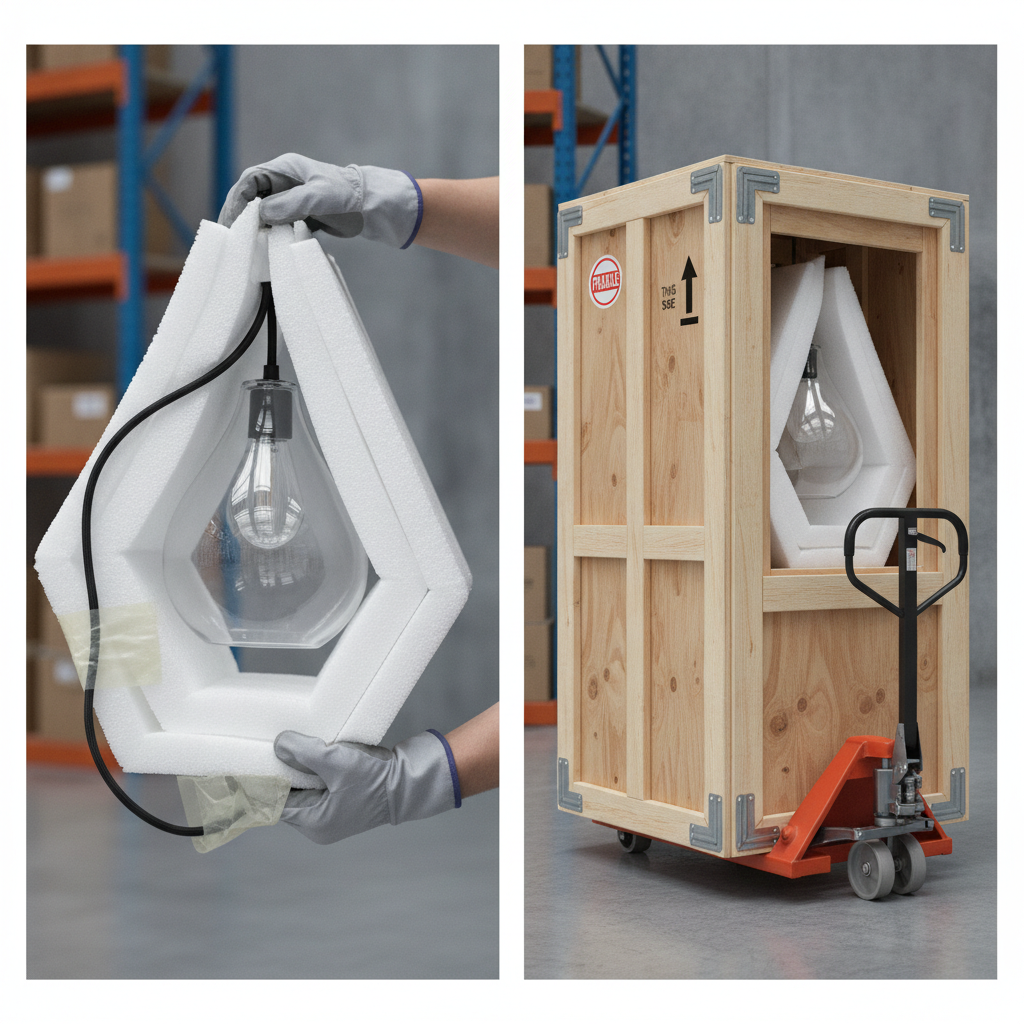 Comparison showing professional foam wrapping and wooden crating for fragile lighting fixtures.