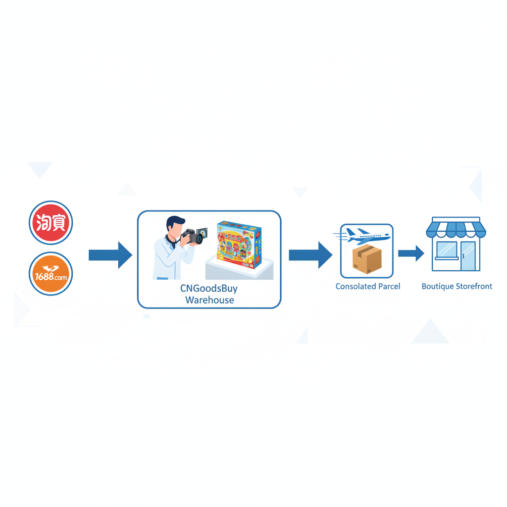 Infographic showing the workflow of sourcing toys from China, inspection at CNGoodsBuy, and shipping to a boutique.