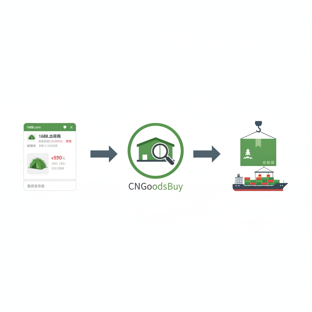 Infographic showing the process of sourcing, inspecting, and branding outdoor gear from China using CNGoodsBuy.