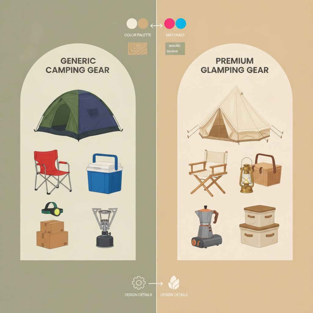 Comparison between standard camping equipment and premium aesthetic glamping gear.