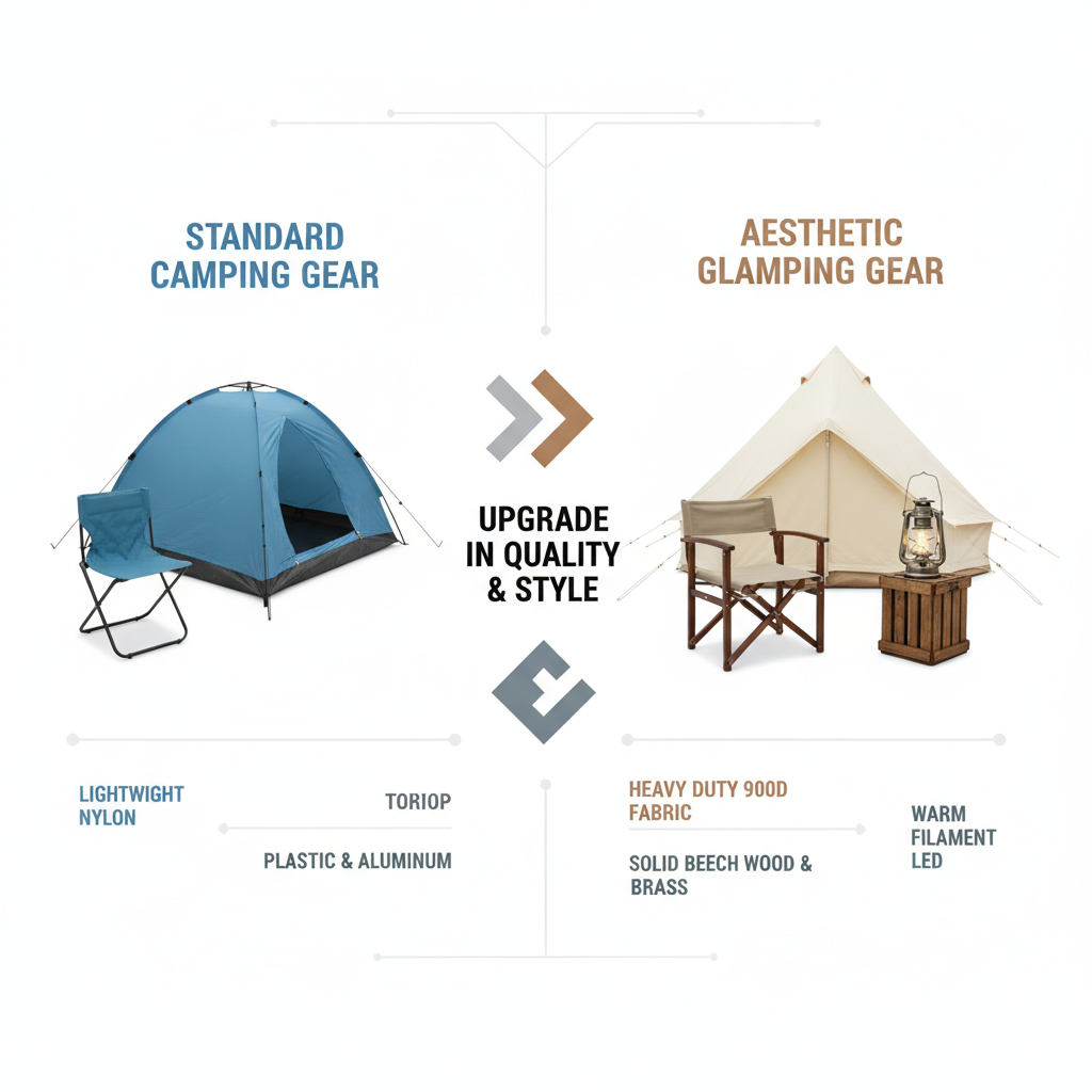 Infographic comparing high-quality glamping gear vs standard camping equipment for sourcing purposes.