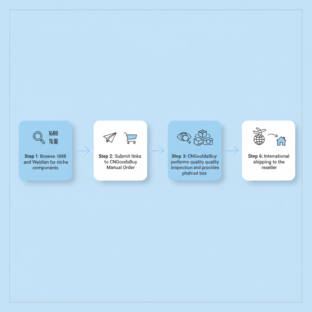 Infographic showing the step-by-step process of sourcing keyboard components from China using CNGoodsBuy.