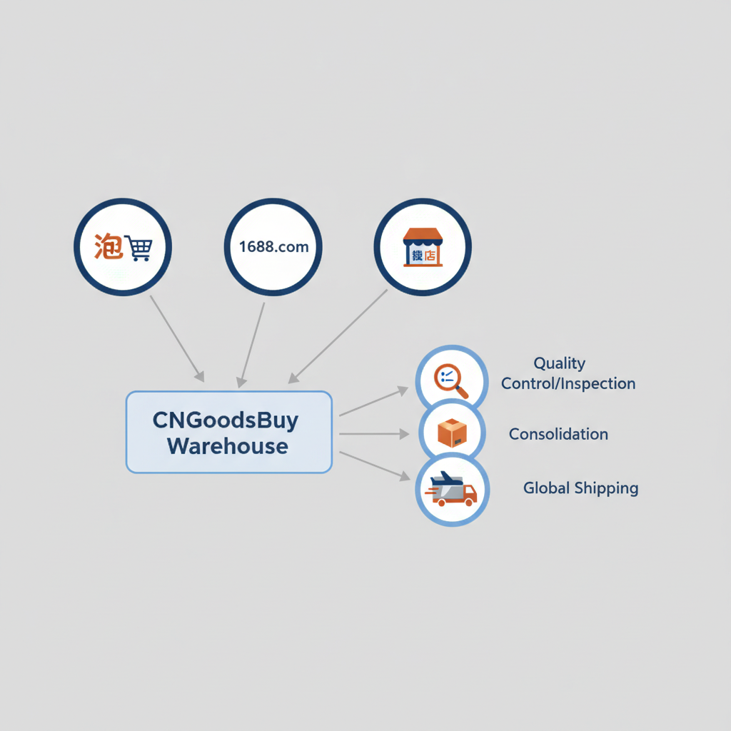 Infographic showing the sourcing and consolidation process from Chinese marketplaces to international shipping.