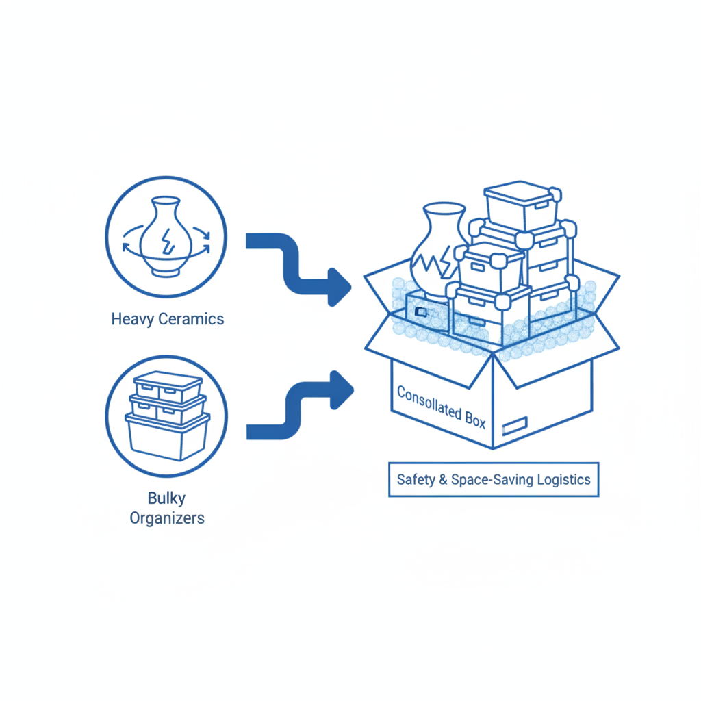 Infographic showing how CNGoodsBuy consolidates heavy ceramics and bulky kitchen storage to save on shipping costs.