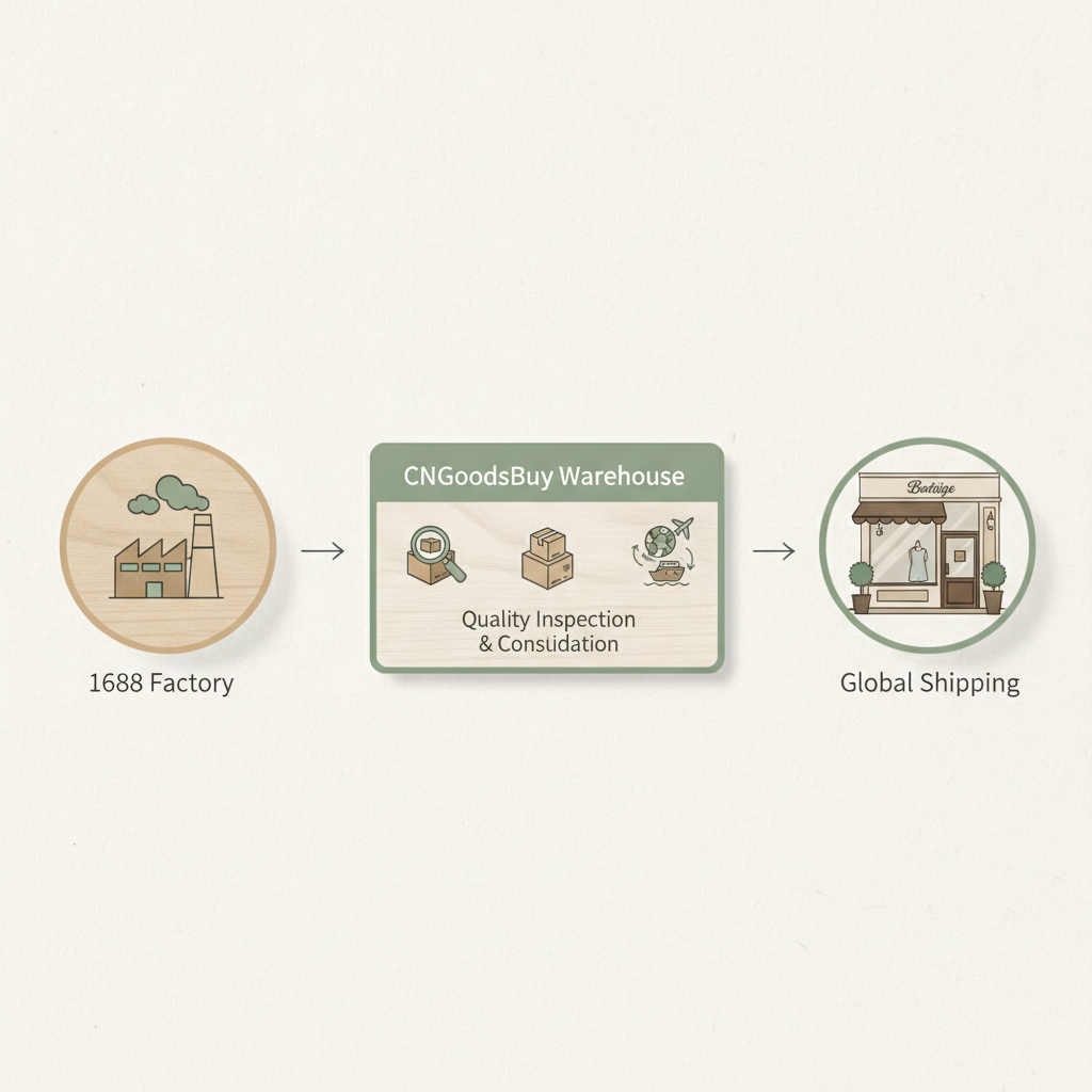 Workflow diagram showing the process of sourcing from 1688 through CNGoodsBuy to a retail boutique.