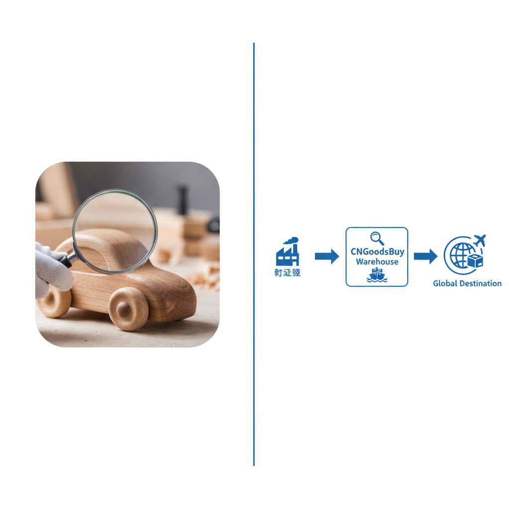 Infographic showing the quality inspection and global shipping process for wooden toys sourced from China.