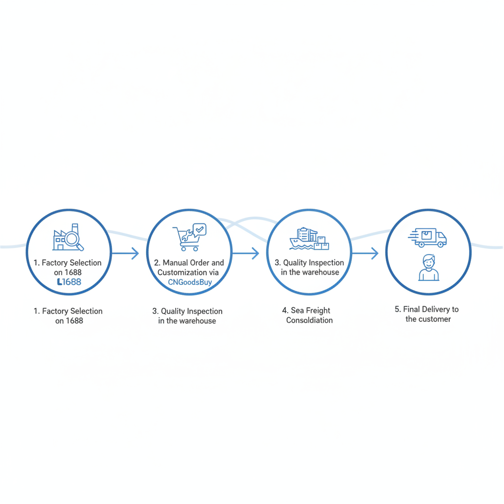 Infographic showing the step-by-step process of sourcing and shipping outdoor gear from China using CNGoodsBuy.