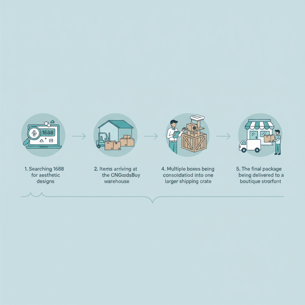 Infographic showing the step-by-step process of sourcing, inspecting, and consolidating pet supplies with CNGoodsBuy.