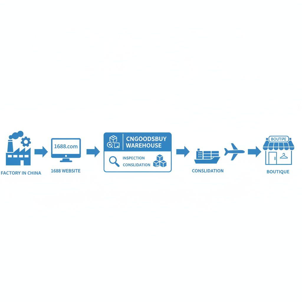 Infographic showing the sourcing and logistics workflow from 1688 to CNGoodsBuy to the final customer.