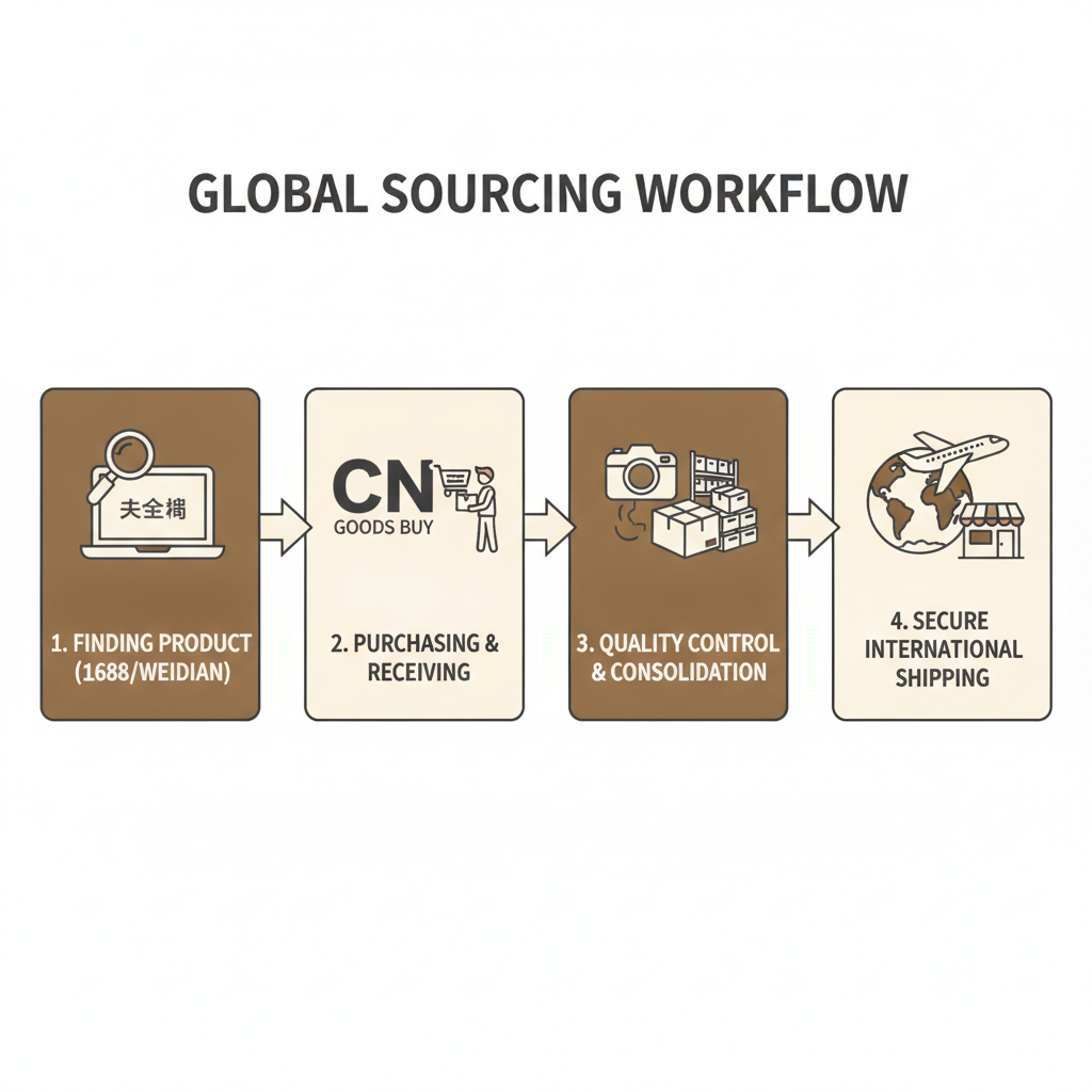 Infographic showing the step-by-step process of sourcing coffee gear from China using CNGoodsBuy.