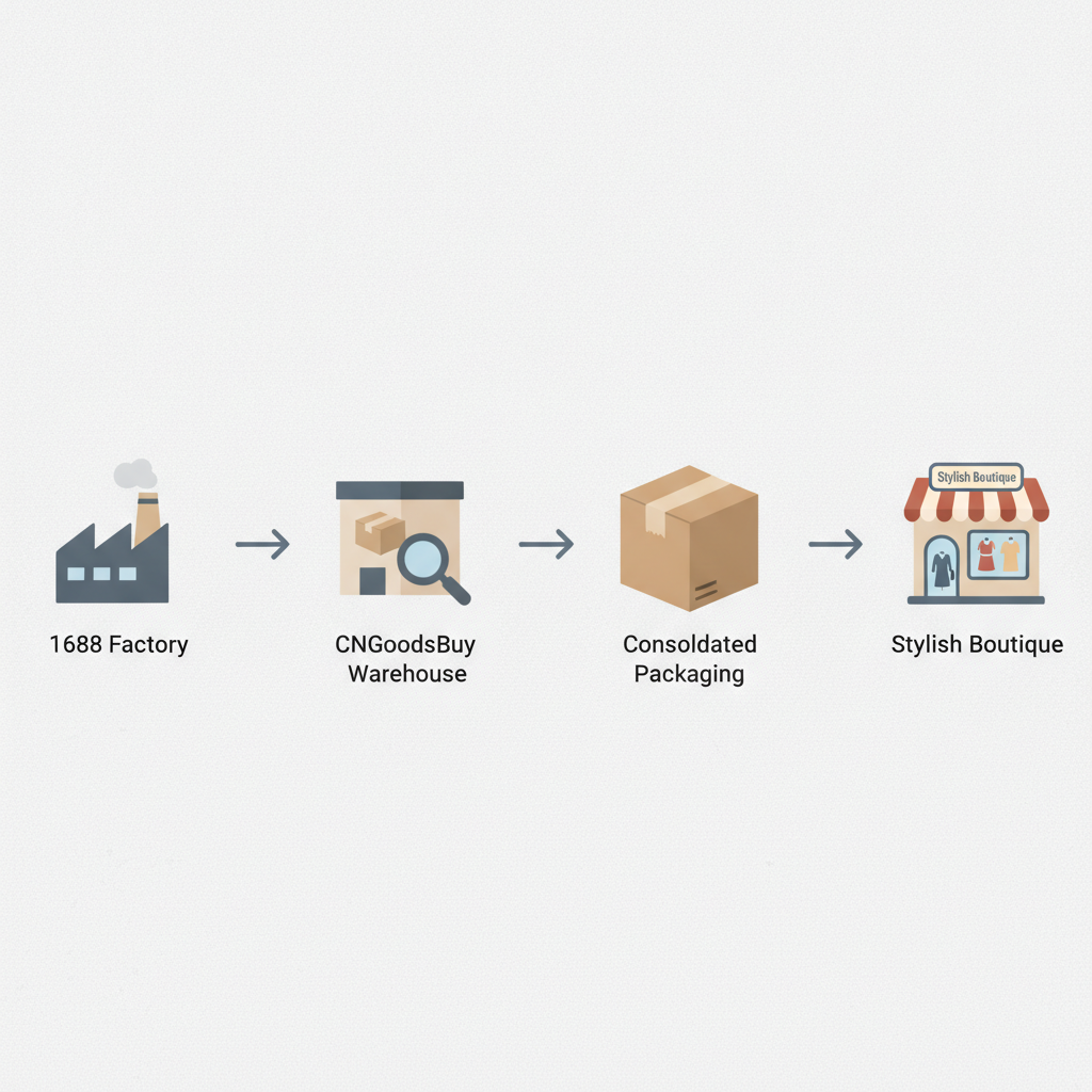 Infographic showing the sourcing and consolidation process from China factories to boutique stores via CNGoodsBuy.