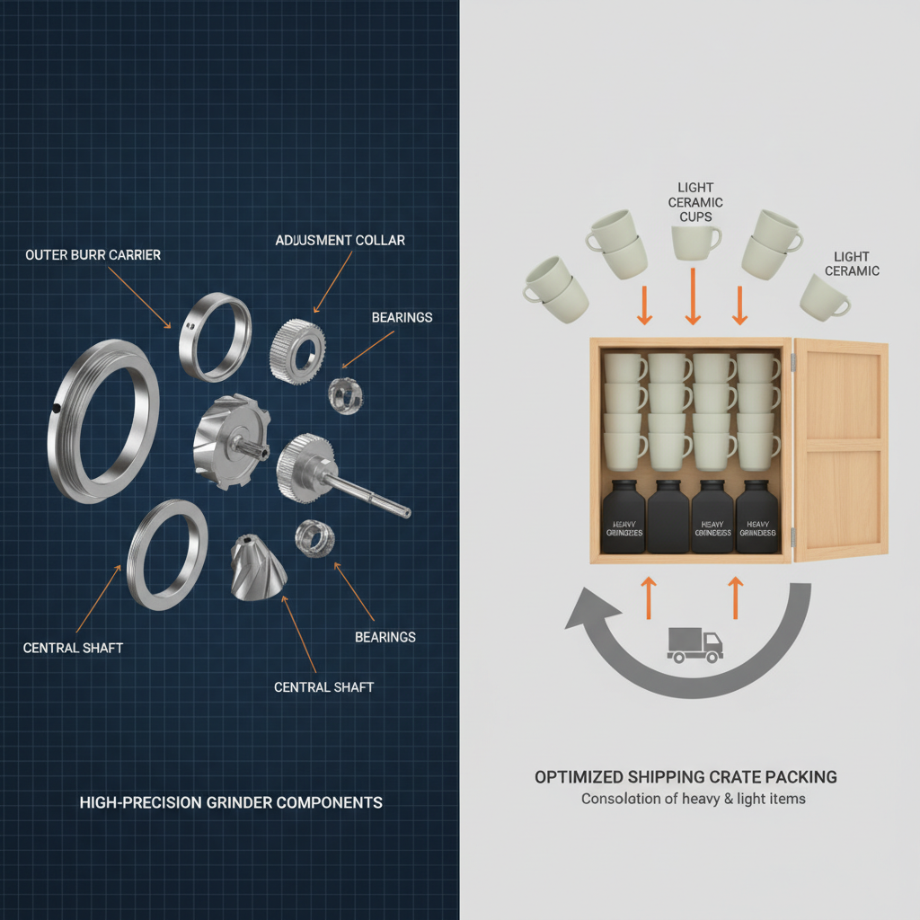 Infographic showing coffee grinder internal components and shipping consolidation strategy
