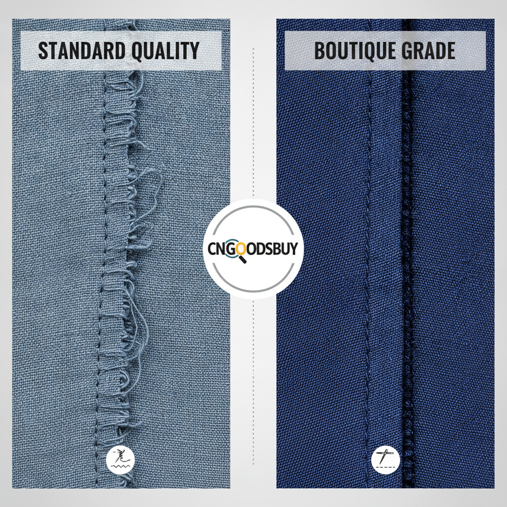 Infographic comparing low-quality stitching versus high-quality boutique-grade garment finishing.