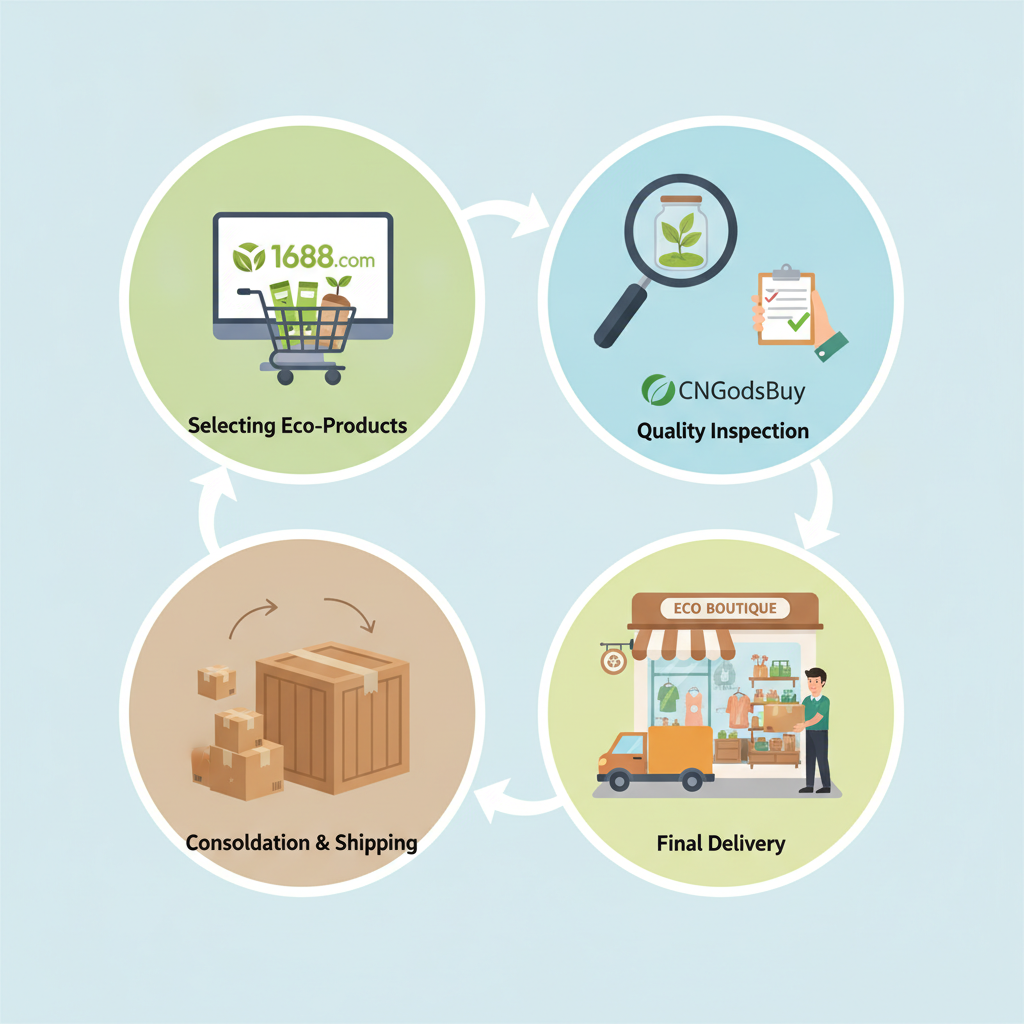 Infographic showing the step-by-step process of sourcing from 1688 to CNGoodsBuy inspection and shipping.