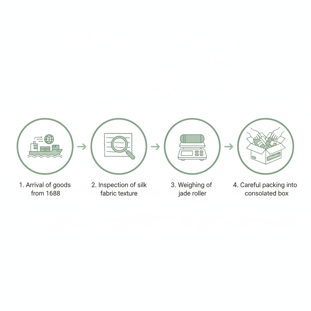 Infographic showing the CNGoodsBuy quality control and consolidation process for wellness products.